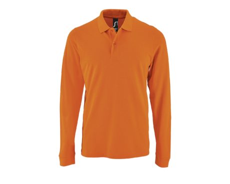 Polo piqué manches longues orange sur fond blanc