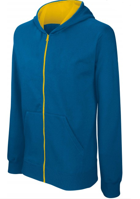 Sweat shirt zippé bicolore kid bleu-jaune sur fond blanc